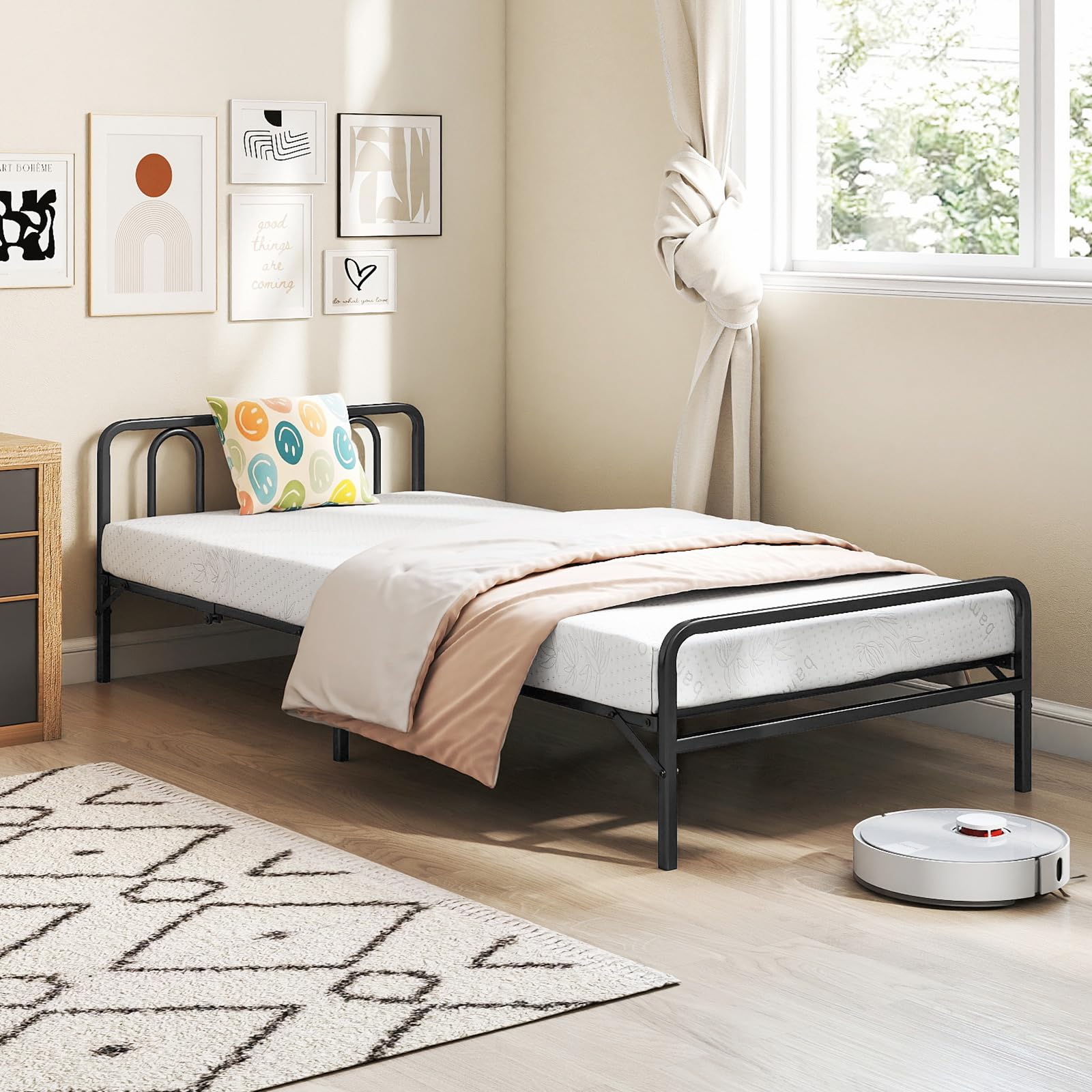 COSTWAY Klappbett 90x200 Erwachsene, Bett klappbar mit 10 cm Matratze, bis 220 kg, Gästebett Metallrahmen, Bettgestell mit Memory-Schaum & Kopfteil, Einzelbett für Gästezimmer, Weiß