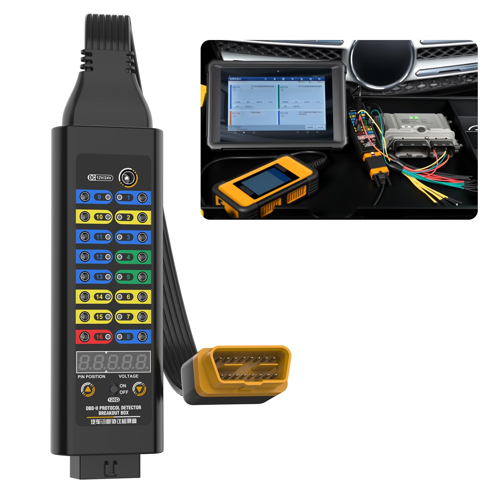 OBD2 Breakout Box detektor protokołu (model wysokiej jakości), kompatybilny z 12 V/24 V, rezystor 120 Ω w szeregu, narzędzie do diagnostyki błędów ze wskaźnikiem napięcia OBD i LED