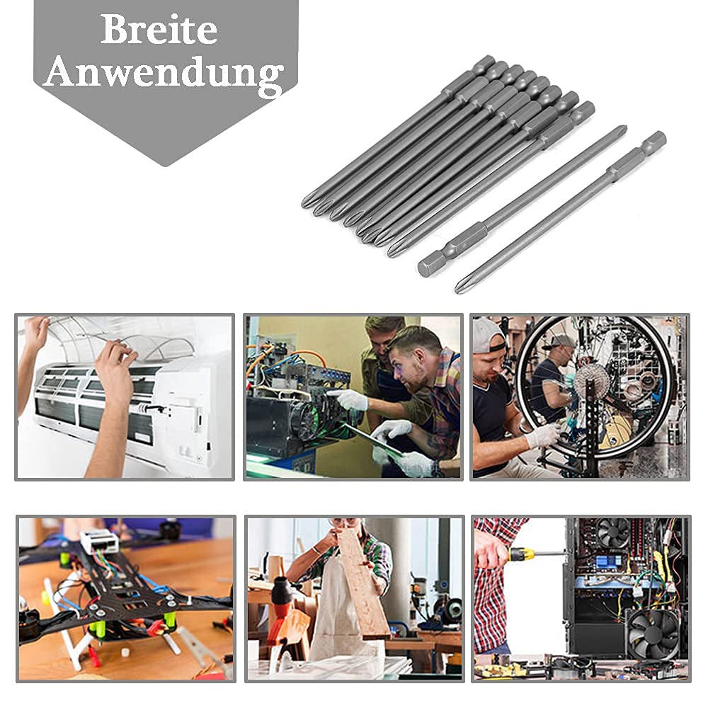 10-tlg. Schraubendreher-Bits Set PH2 – Magnetisch, 1/4 Zoll Sechskant, Für Akku-Schrauber & Bohrmaschinen