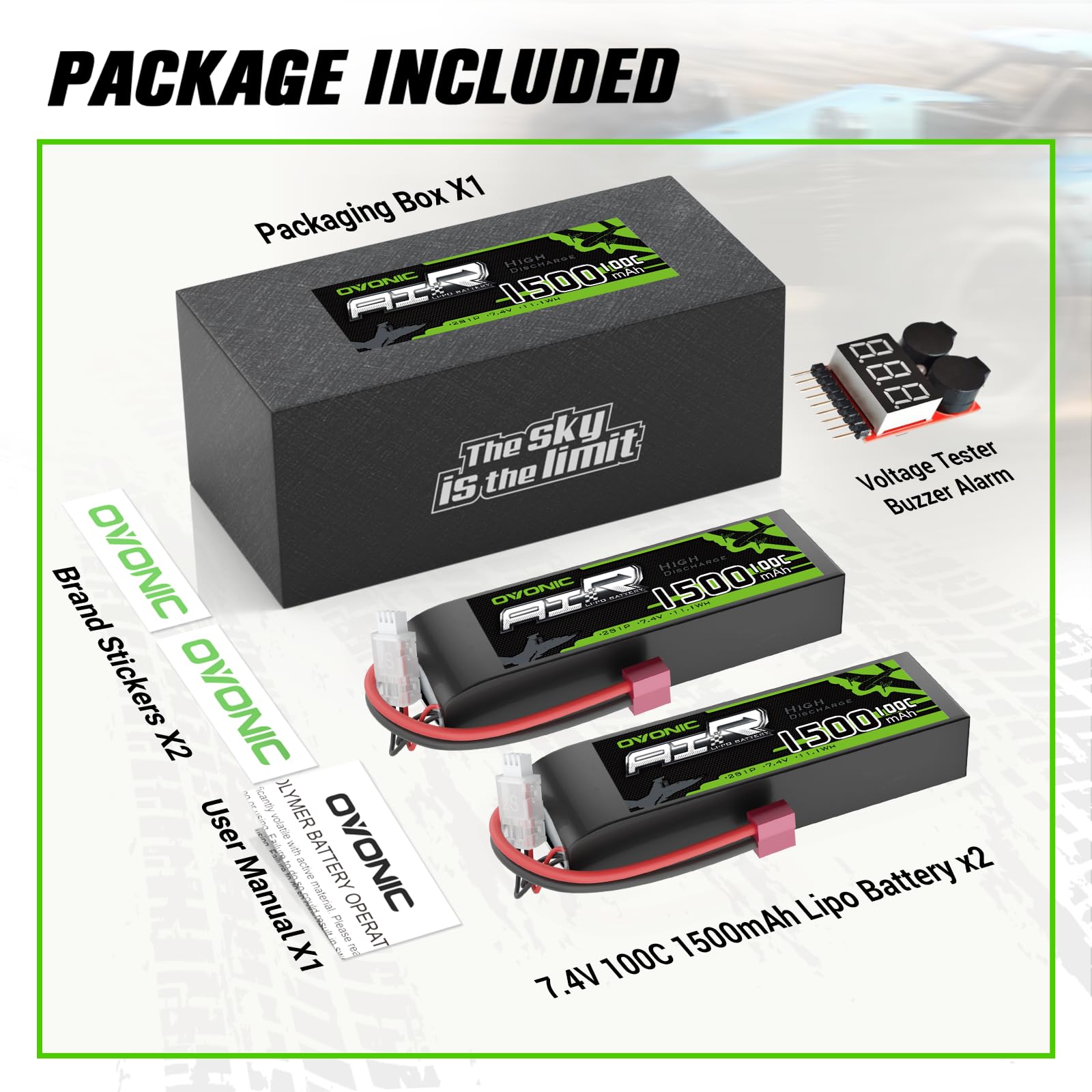 OVONIC 2S Lipo Battery 100C 1500mAh 7.4V Lipo Battery with Dean-Style T Connector for RC Airplane Helicopter Quadcopter RC Car Truck Boat (2 sztuki)
