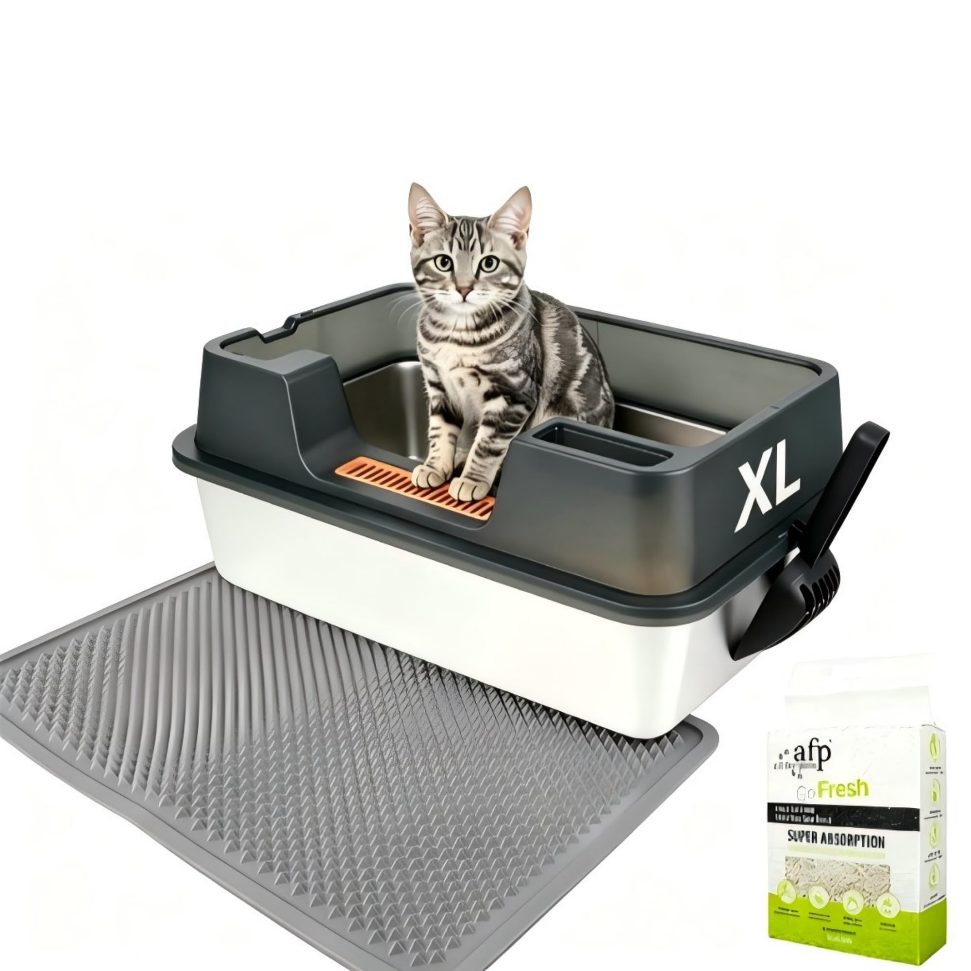 Pawise Ensemble de litière pour chat en acier inoxydable – Grand bac à litière fermé en métal avec couvercle, anti-fuites d'urine, anti-adhésif, facile à nettoyer, comprend une litière de tofu, un