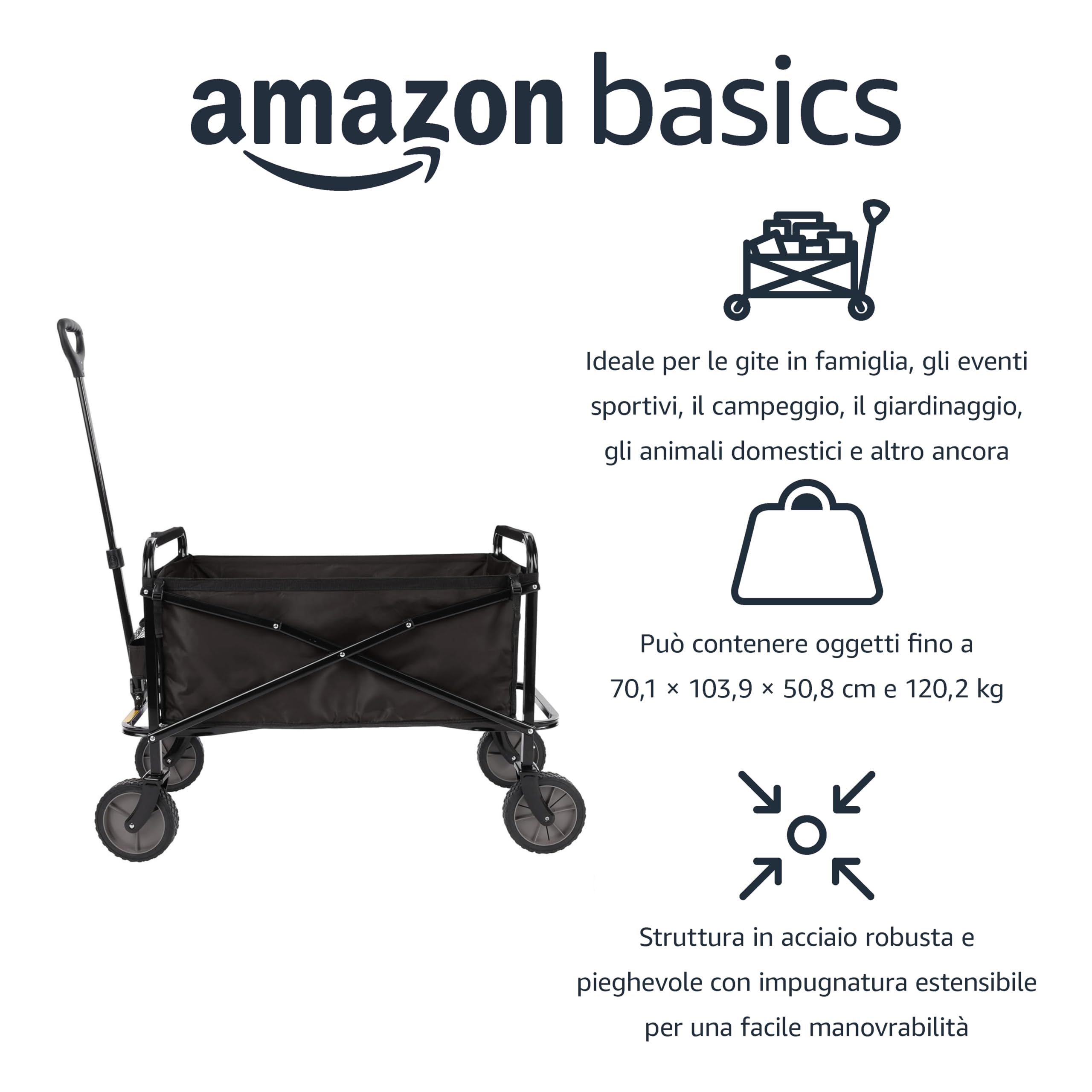Amazon Basics Collezione Utensili da Giardino - Carrello da giardino, pieghevole, per esterni, con borsa di custodia, nero