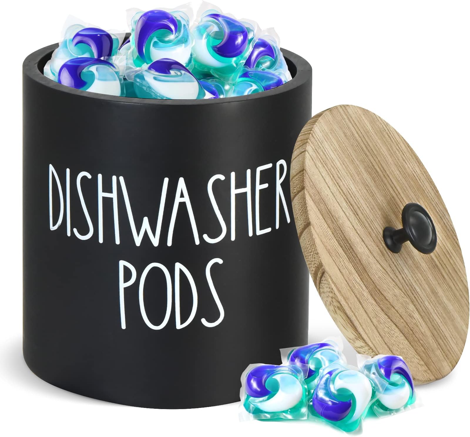 Anwelynd Round Dishwasher Pod Holder, Dishwasher Tablet Container for Kitchen Decor and Accessories, Wood Laundry Detergent Pods Container with Lid, Kitchen Storage Container for Laundry Pods