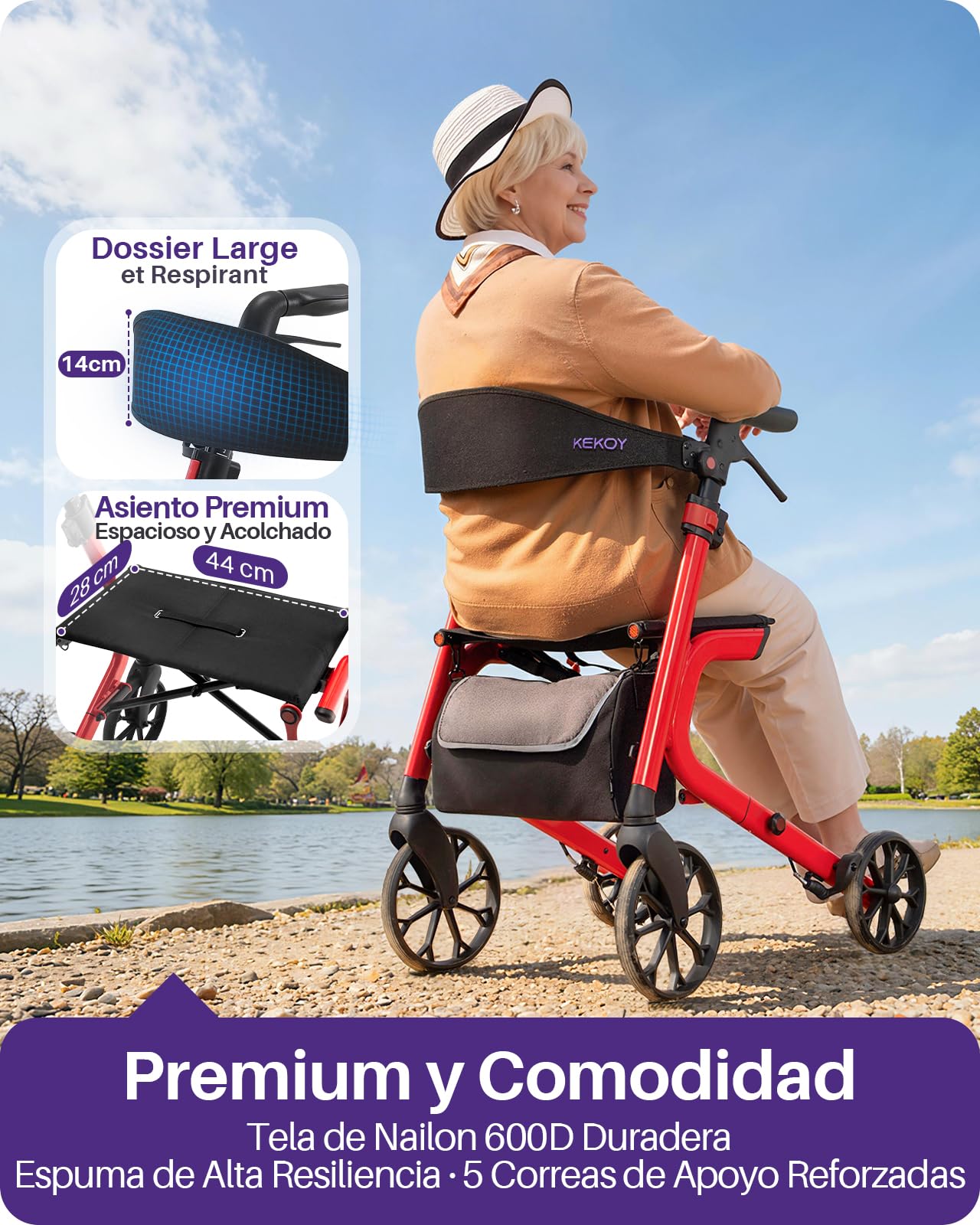 Kekoy K2 Andador para ancianos con asiento plegable de aluminio, regulable en altura, 181 kg de carga, andadores adultos con cojín de asiento de 44 cm, respaldo y bolsa de almacenaje, rojo