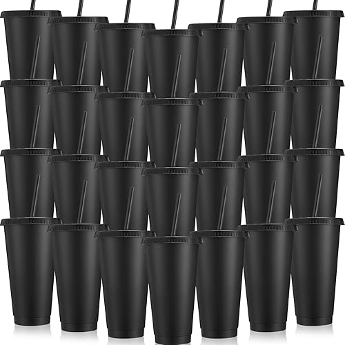 Honeydak Paquete de 30 vasos con popote y tapa, vasos a granel para regalos, botella de agua, taza de viaje para café helado, vasos de plástico