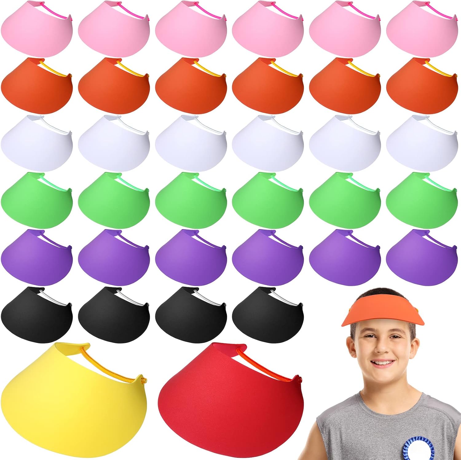 48 Pack Adjustable Foam Visors with Coil Bands Assorted