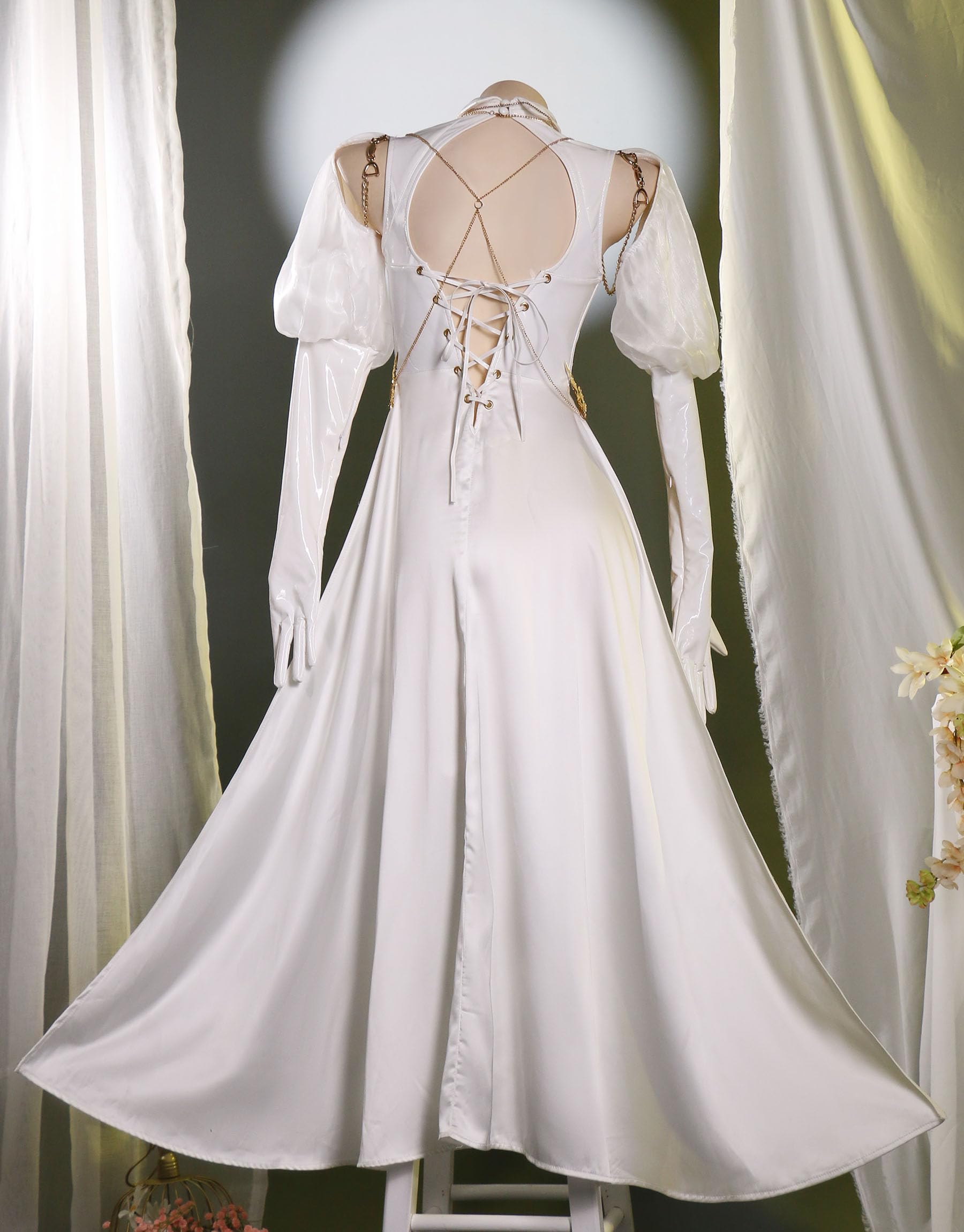 Mobbunny Women Nun Cosplay Lingerie Costume Halloween High Slit Dress Set with Veil Necklace Socks