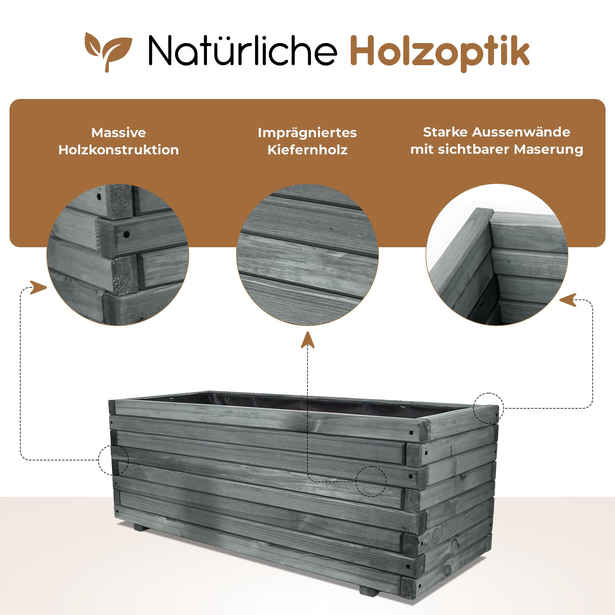 BooGardi Pflanzkübel groß außen & innen mit Vlies · Pflanzkasten rechteckig in 10 Größen · 120 cm lang naturbraun · Hochbeet Holz für Garten, Balkon & Terrasse · Blumenkasten XXL
