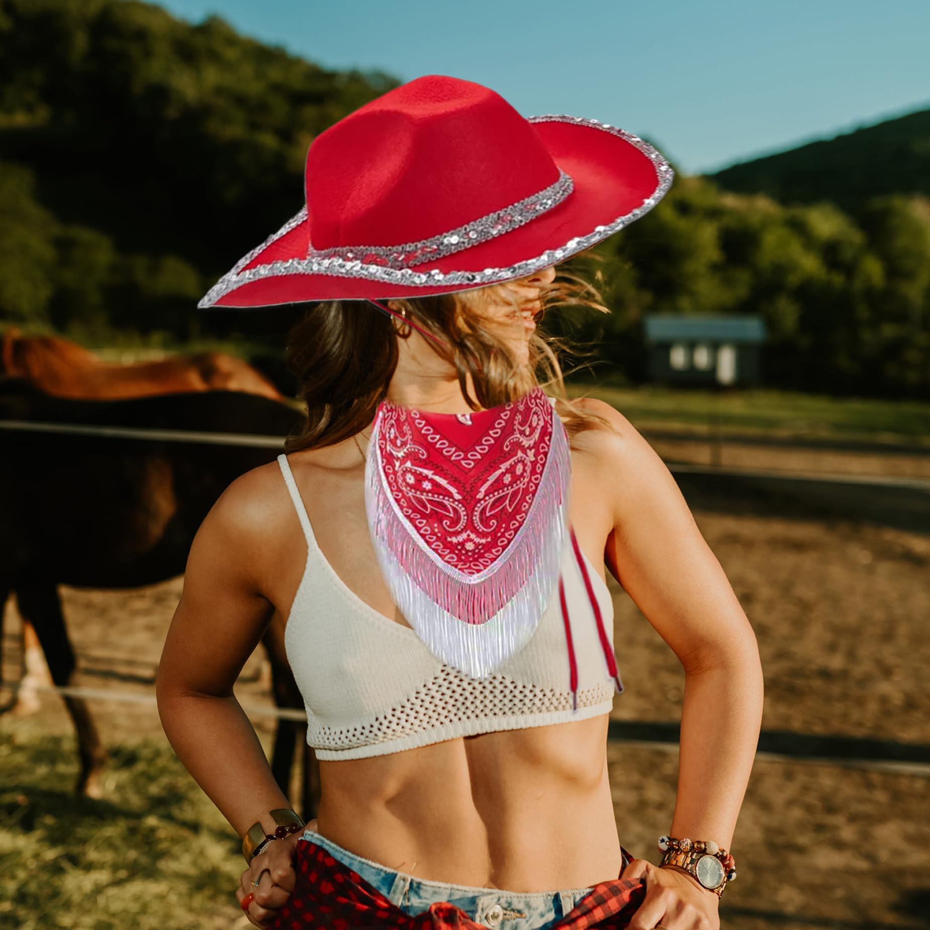 Roter Cowgirl-Hut Mit Tiara Und Marabu-Besatz – Einheitsgröße, Verstellbar, Für Festival & Party