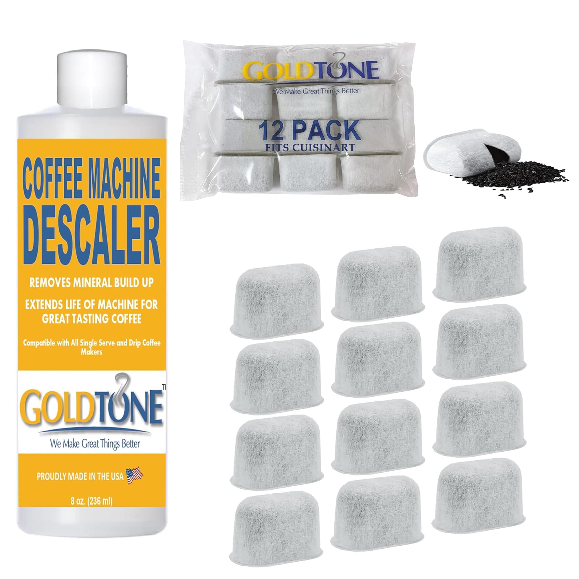 GOLDTONE 12 Pack Water Filters For CUISINART Coffee Maker Replacement Charcoal Water Filters For CUISINART Coffee Machines Cartridges Replace CUISINART DCC-RWF + Coffee Maker Descaler