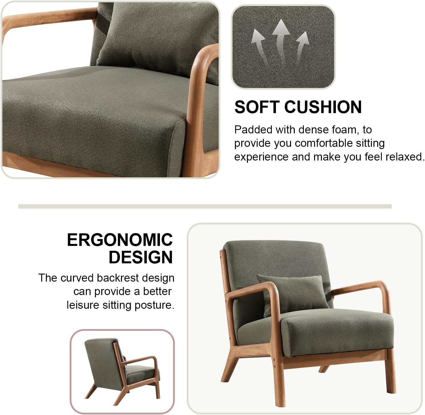 Accent Chair Mid Century Modern Chair Linen Fabric Living Room Chairs with Solid Wood Frame Comfy Upholstered and Lumbar Pillow Reading Side Chair Easy Assembly for Bedroom Room (1, Linen Green)