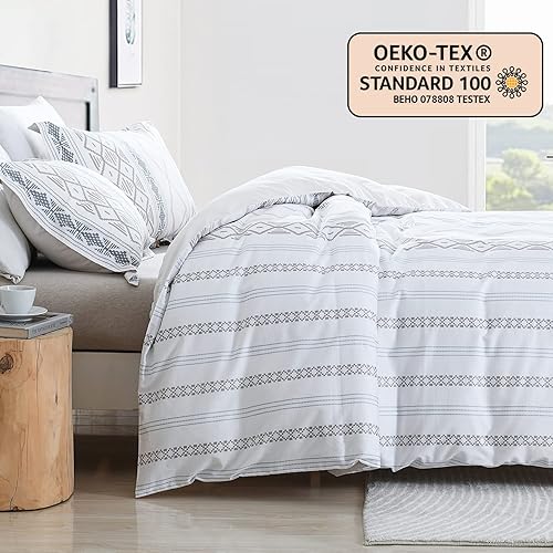 Miniatura 3 de DUOMING Juego de funda de edredón bohemia tamaño Queen, 100 % algodón, acogedora y transpirable, con cierre de cremallera y 8 lazos, juego de funda