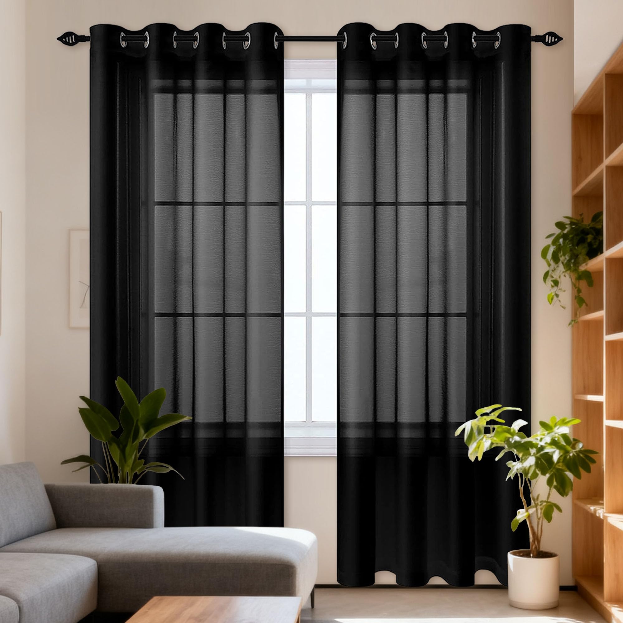 Voilages semi transparents noirs 160 x 350 cm anti éblouissement