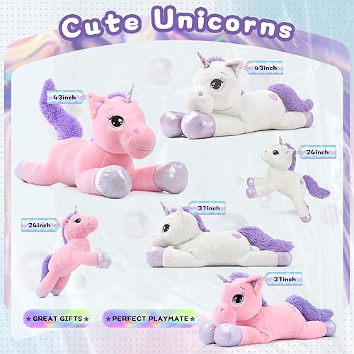 Miniatura 6 de Peluche de unicornio gigante de 43 pulgadas, almohada de peluche de unicornio, regalo para niñas, niños, novia, blanco y morado