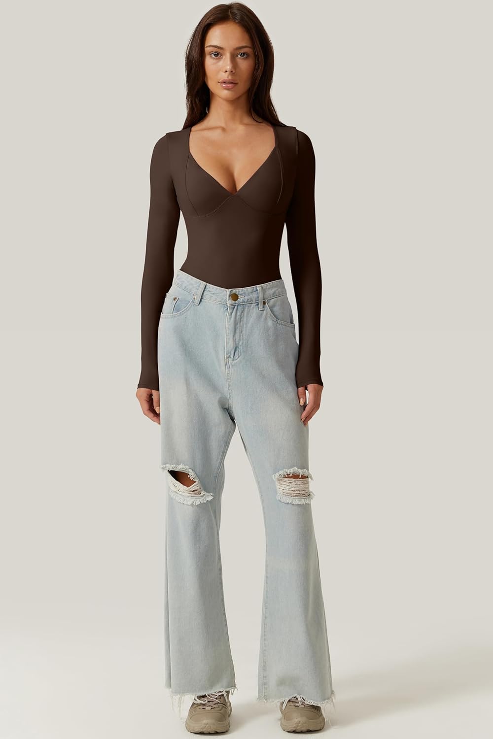 QINSEN Women's Long Sleeve Bodysuit V Neck Body Suits Seamed Cup Going Out Tops Shirt - Image 4