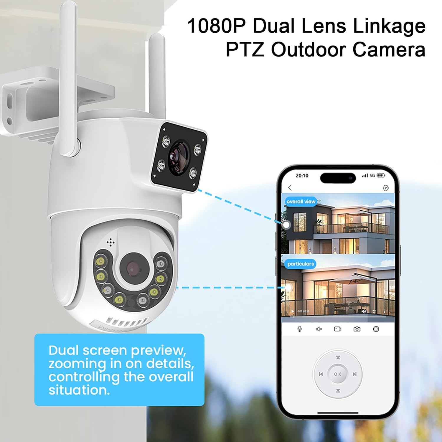 1080P PTZ Outdoor Security Camera, Dual Lens Linkage Wireless WiFi Cameras for Home Security, 360° View Auto Tracking Surveillance Camera with Human Detection, Color Night Vision, Two-Way Audio 1080P Dual Lens image 2 of 8 B0D2P3KDRQ