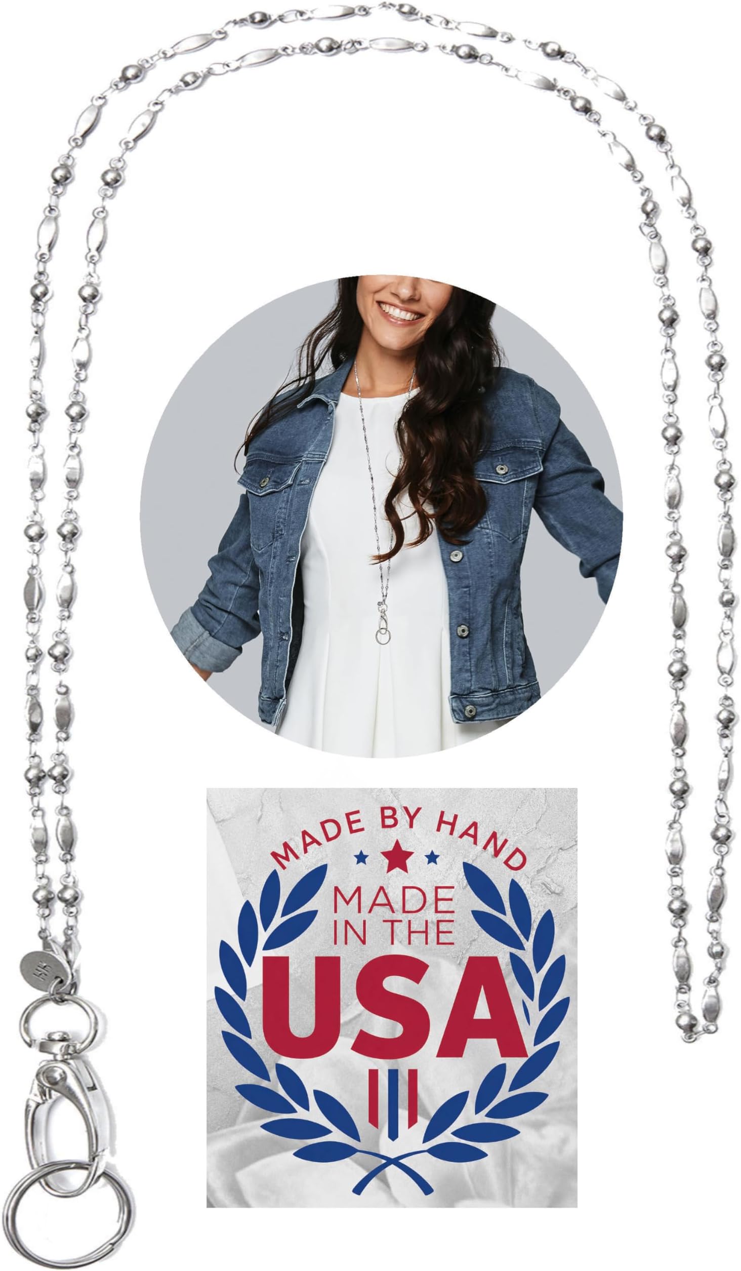 Hidden Hollow Beads Stainless Steel Chain Stronger Women's Hand Made USA Lanyard 34", Nurse Teacher ID Badge Card Holder Keys