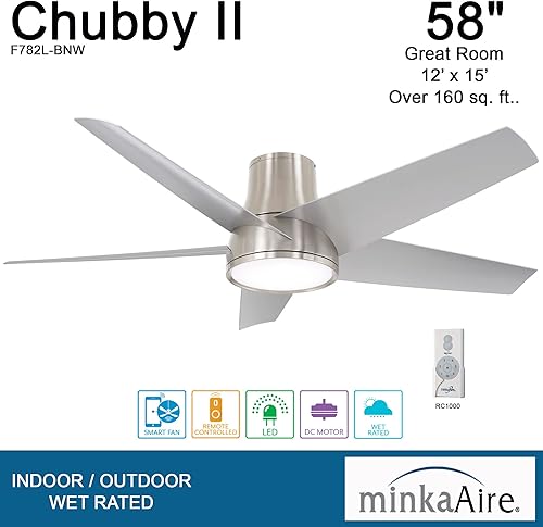 Miniatura 4 de MINKA-AIRE F782L-BNW Chubby II - Abrazadera para exteriores de 58 pulgadas con luces LED y control remoto, níquel cepillado húmedo