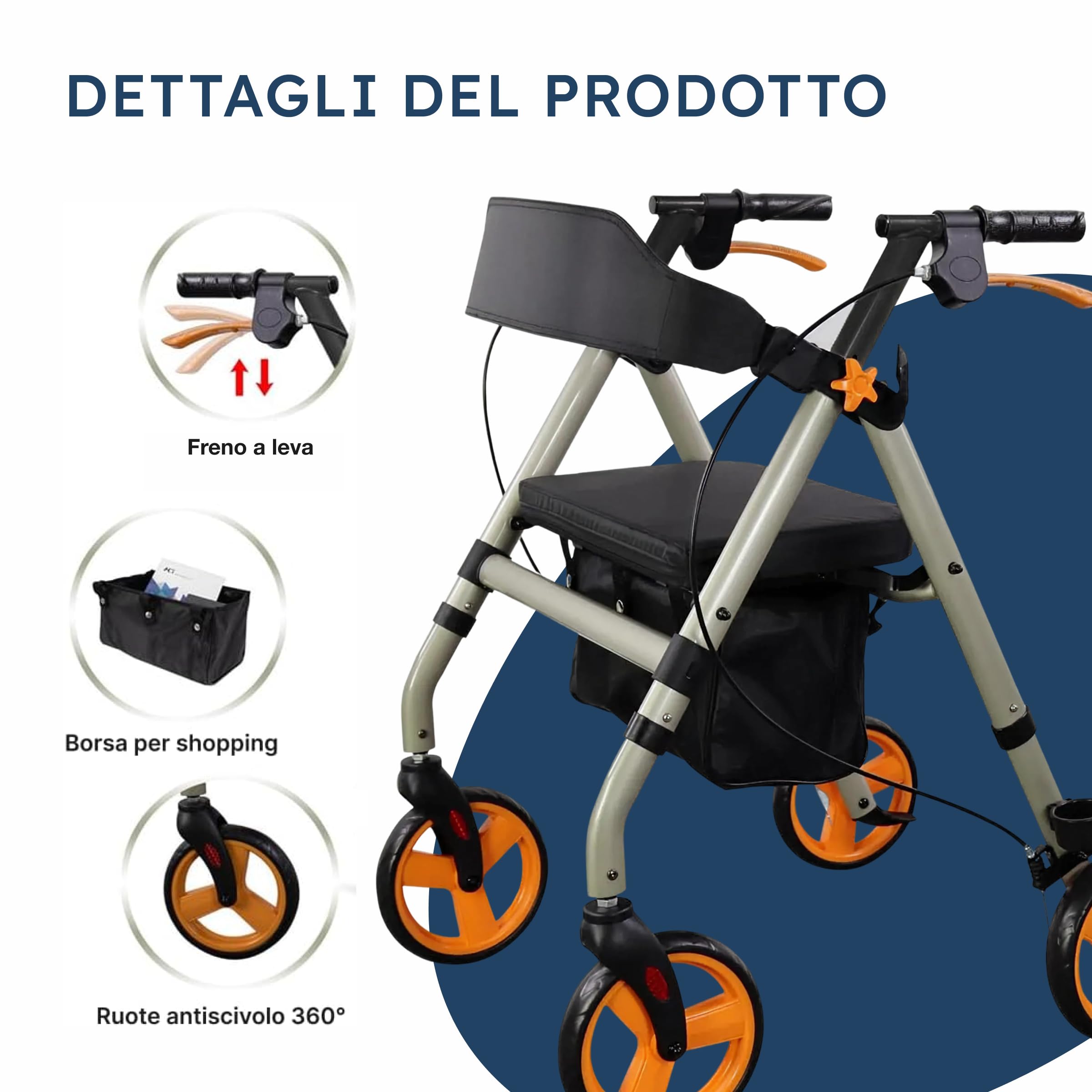 SPES Rollator Deambulatore in Acciaio Robusto (9 kg) - Ausilio Pieghevole Silver con Seduta Imbottita e Grandi Ruote Stabili (20 cm) - Freni Sicuri, Cestino e Porta Bastone (Portata 136 kg)