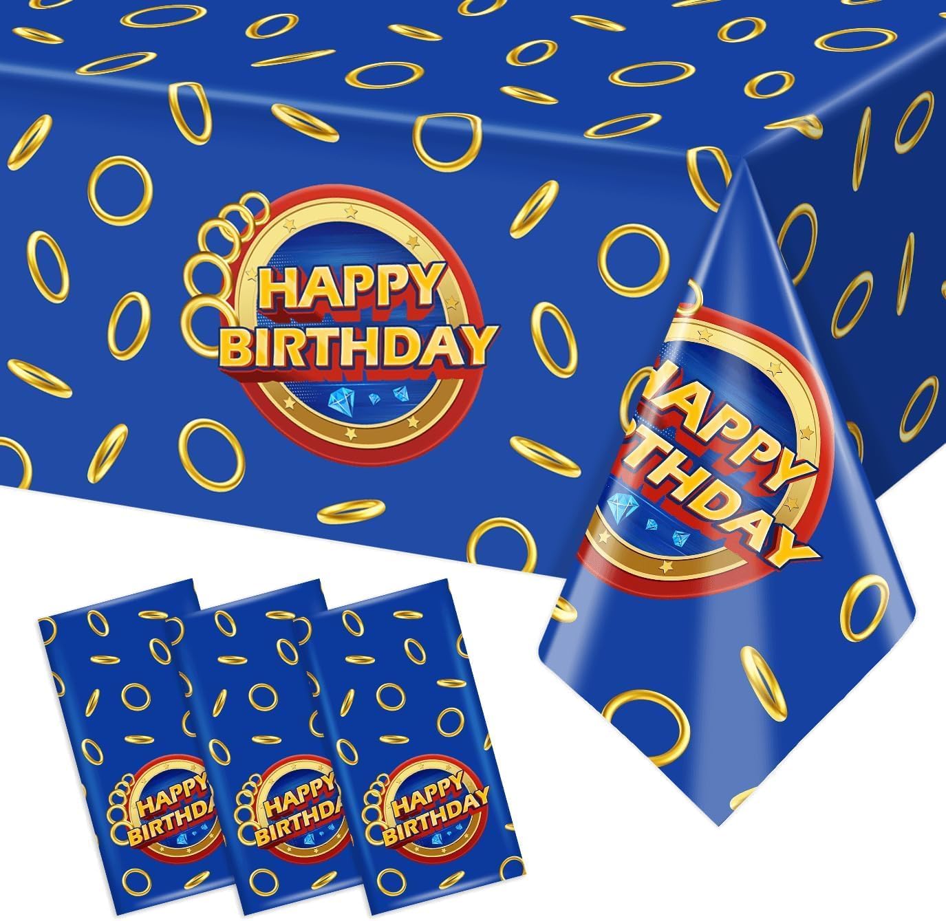 Blue Gold Ring Print Birthday Party Disposable Tablecloths for Boys, 3pcs