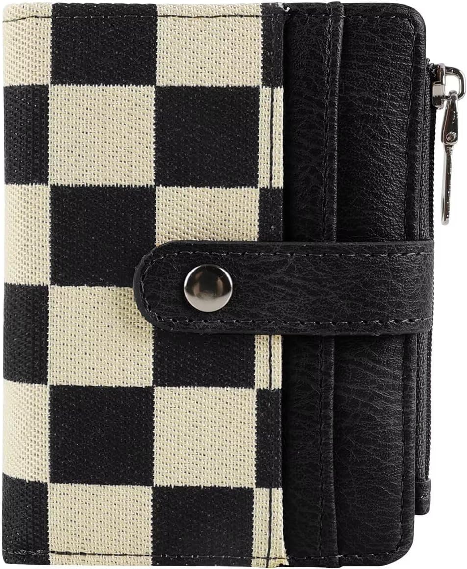 Women's RFID Blocking PU Leather Bifold Wallet-Compact Design with 8 Card Slots,ID Window,Snap Button Closure|Stylish Checkered Pattern,Multiple Colors|Secure&Functional for Daily Use(Checkered black)