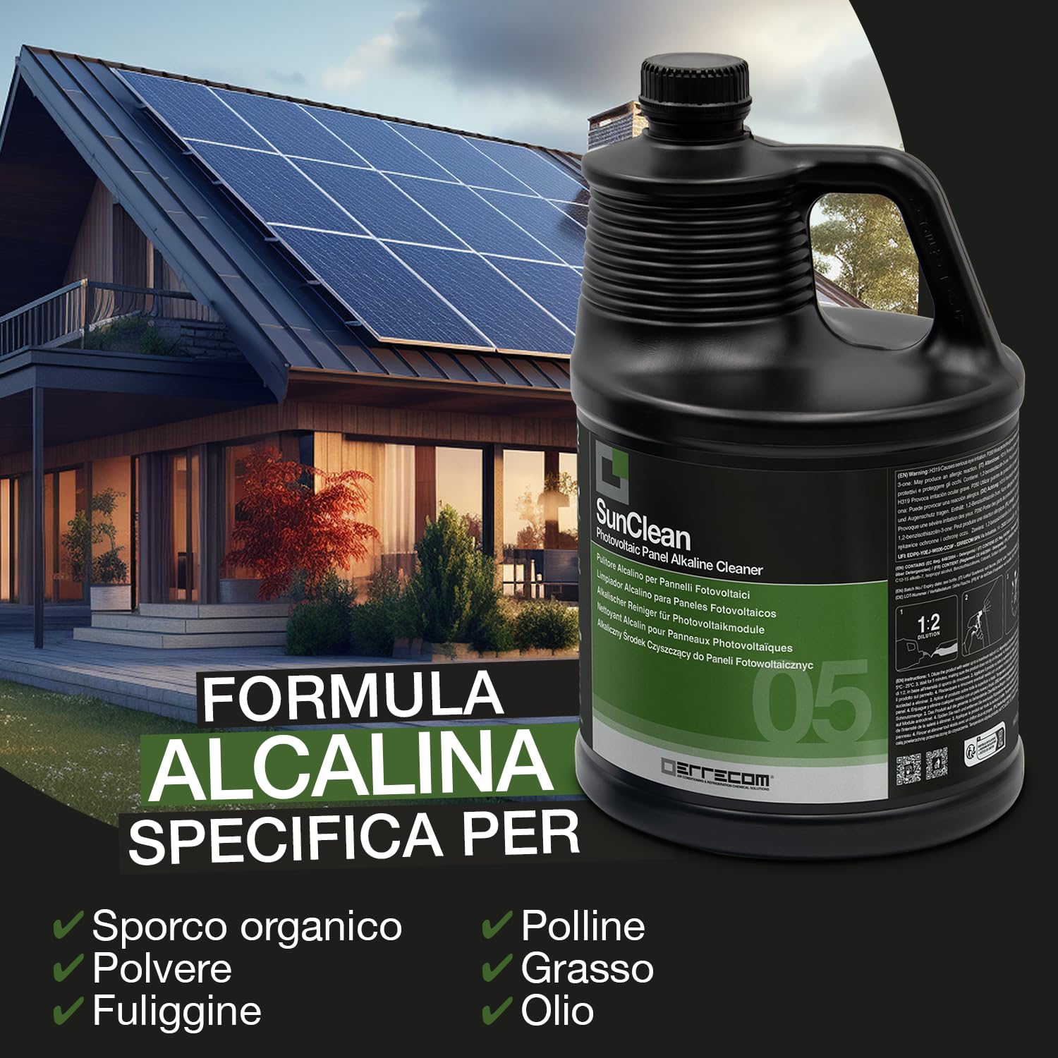 Errecom SunClean, Pulitore Alcalino per Pannelli Impianto Fotovoltaico, Formula Concentrata, 5 L
