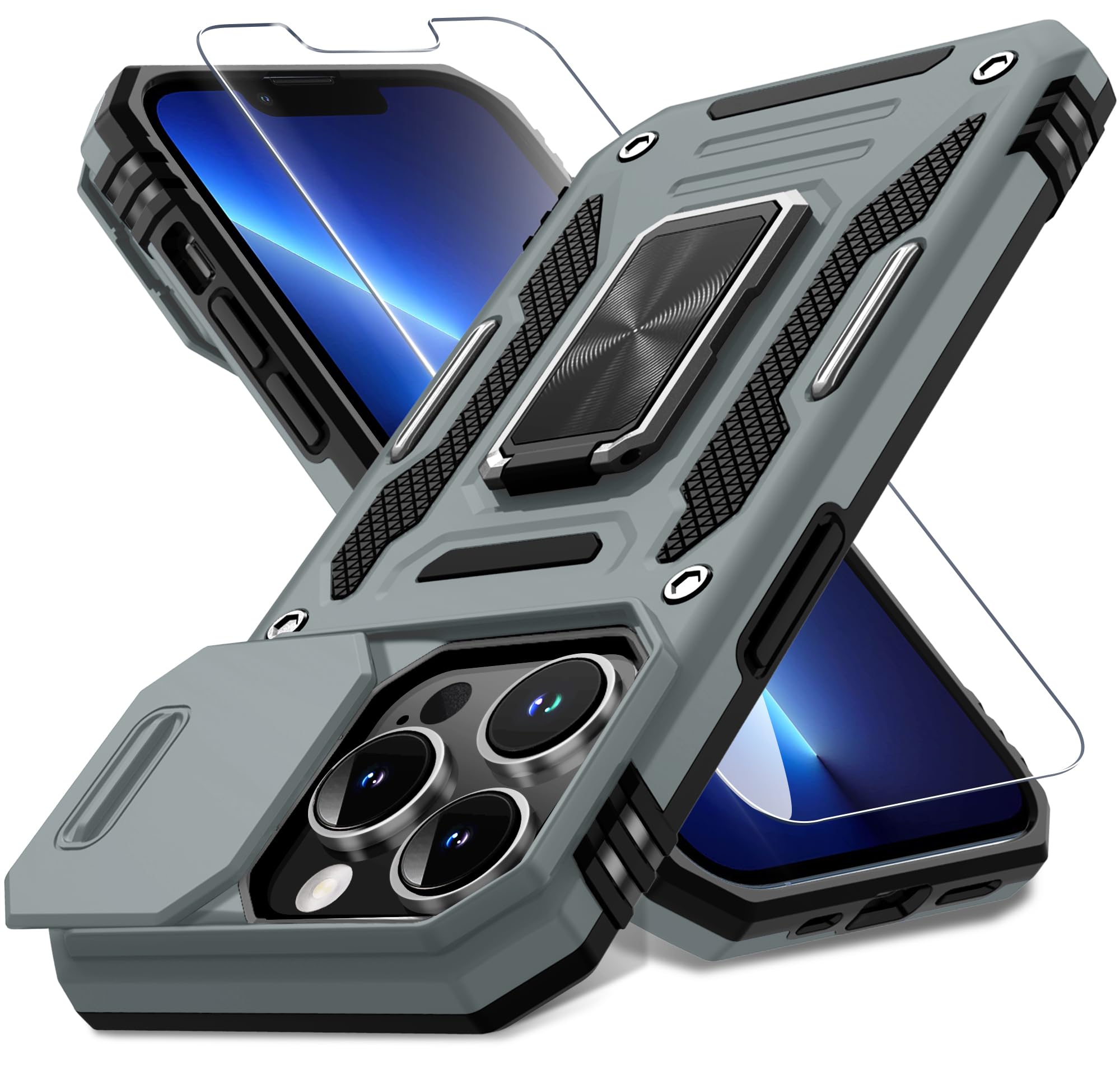 DEERLAMN Case for iPhone 13 Pro with Slide Camera Cover+Screen Protector(1 Pack),Rotated Ring Kickstand Military Grade Shockproof Protective