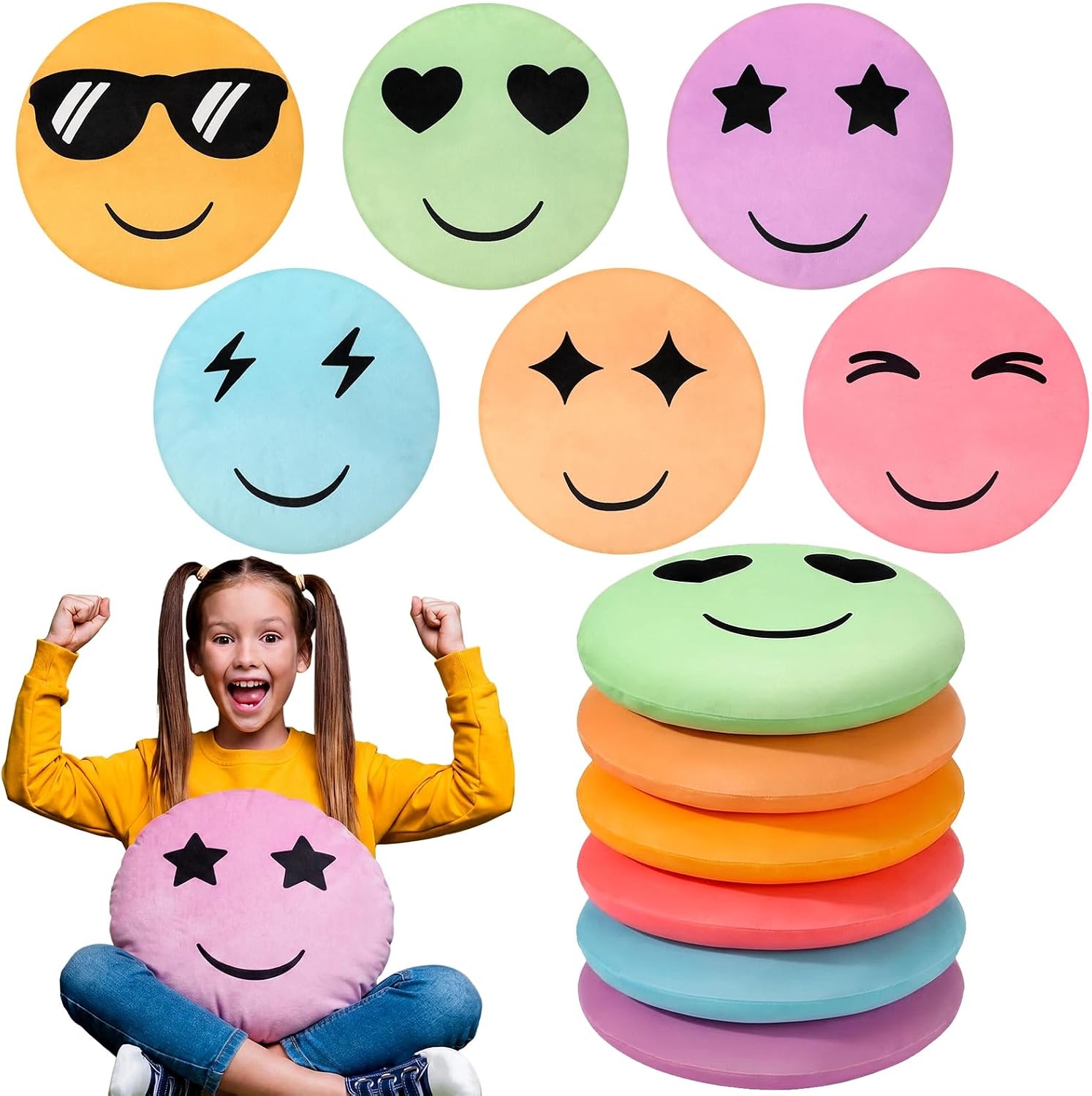 RattanView 6 Pcs Smile Face Floor Pillows for Classroom 15 Inch Pastel Face Throw Pillows Preppy Floor Seating Cushion Chair Pads for Back to School First Day Learning Playing Areas Classroom Decor
