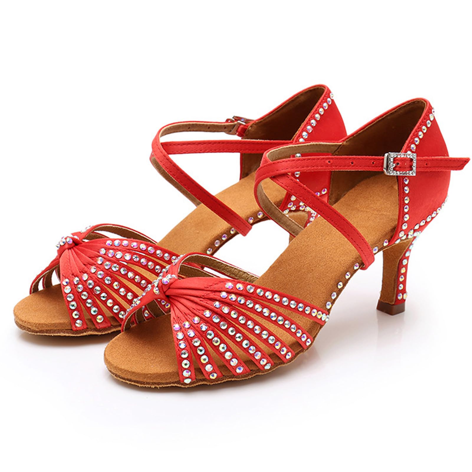 Nowe buty do tańca latynoskiego z diamentową wkładką dla kobiet dorosłych na środkowym obcasie miękka podeszwa buty do tańca wysokie obcasy z diamentowymi butami do tańca Cha-cha, A437 czerwony obcas