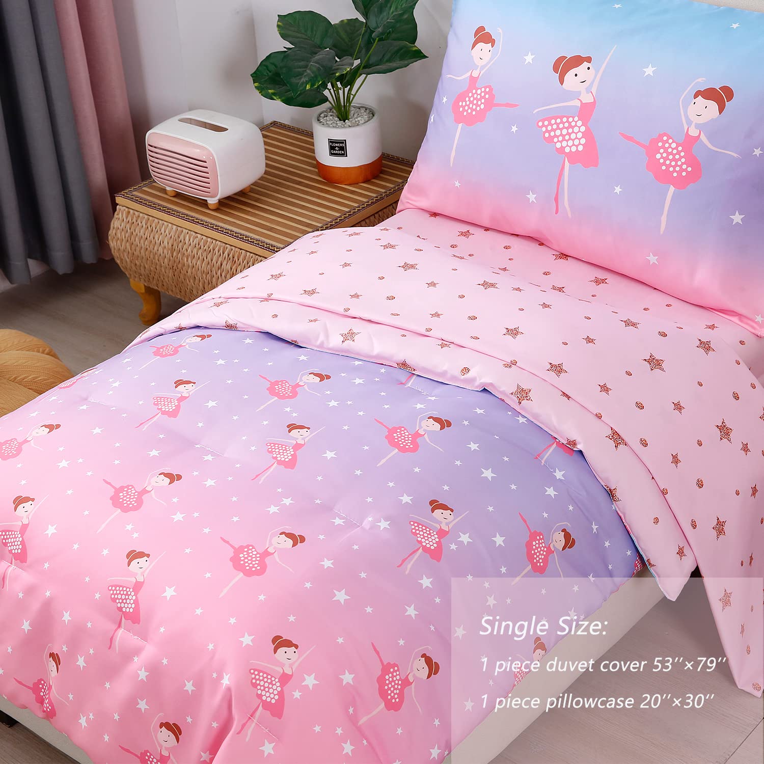 STYHO Children Bedding Set Single Size Reversible Dancing Girls Pattern Duvet Cover for Kids/Junior Gradient Comforter Cover Stars Printed Ultra Soft Microfiber Quilt Cover(Blue/Purple/Pink - Image 4