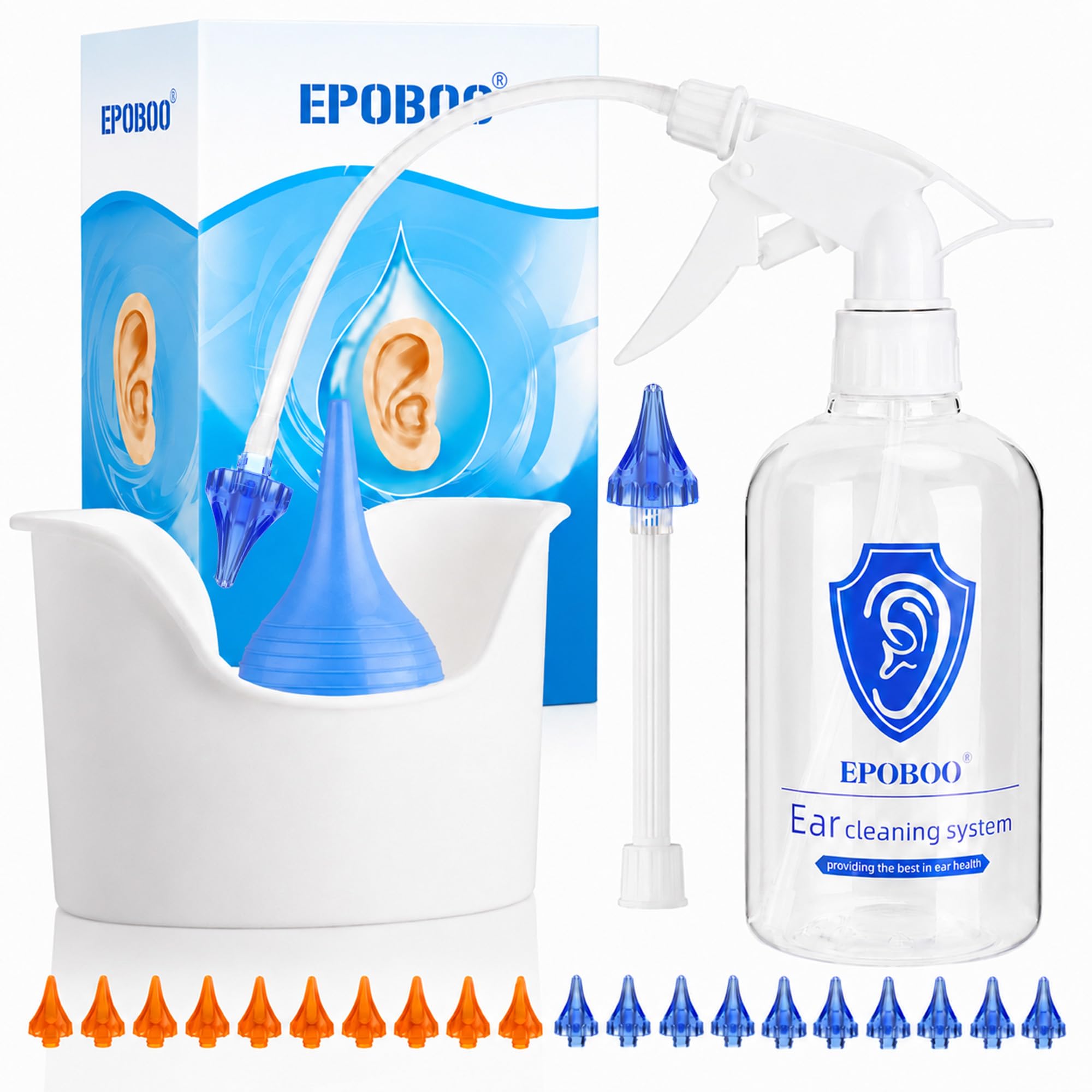 Earwax Removal Bottle - Manual Ear Irrigation System, FSA-HSA-Eligible, 500ml Bottle, Basin, Drying Bulb & 20 Reusable Soft Tips