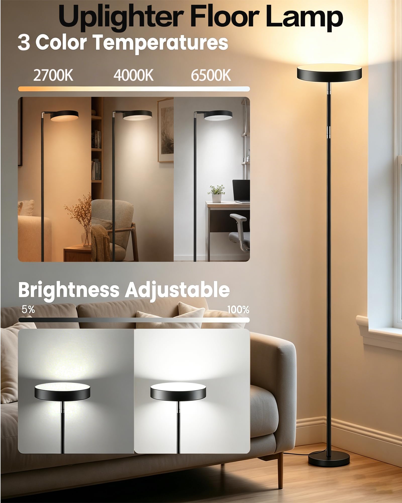 LED Stehlampe Wohnzimmer dimmbar mit Fernbedienung, Deckenfluter 163cm Höhe | 350° drehbarer Lampenkopf, Timer, Speicherfunktion, Kabel mit Fußschalter, schwarz, modern, für Wohnzimmer Schlafzimmer Büro