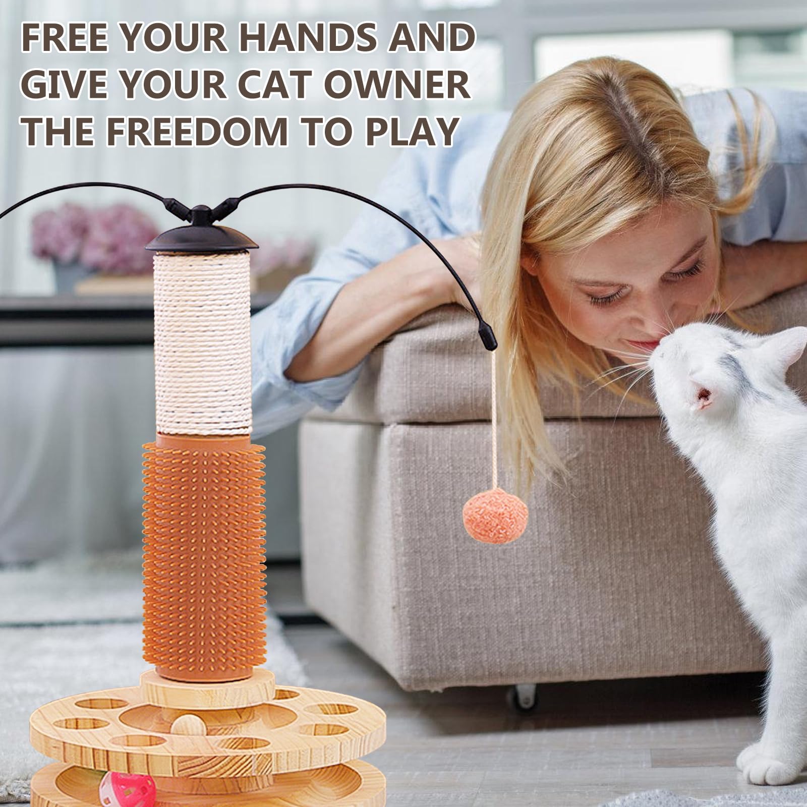 Colonne à Chat 4 En 1 En Bois Avec Sisal - Griffoir, Balançoire, Jeu De Billes Et Distributeur De Friandises | Jouet Interactif Pour Chat D'Intérieur - 5