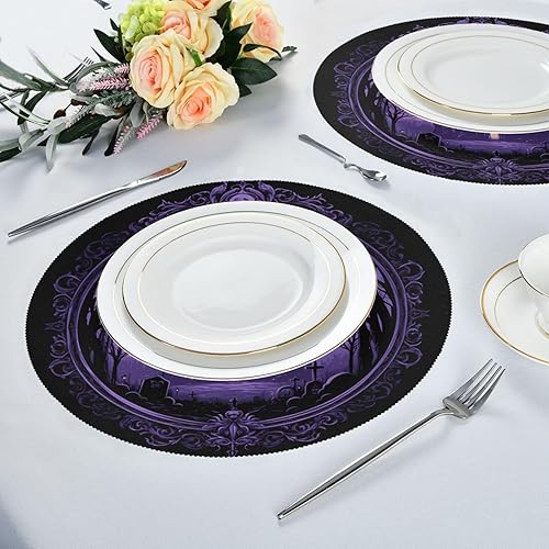 Miniatura 6 de Mystery Castle - Manteles individuales redondos de arpillera morada, manteles individuales acolchados reversibles para mesa de comedor redondos de