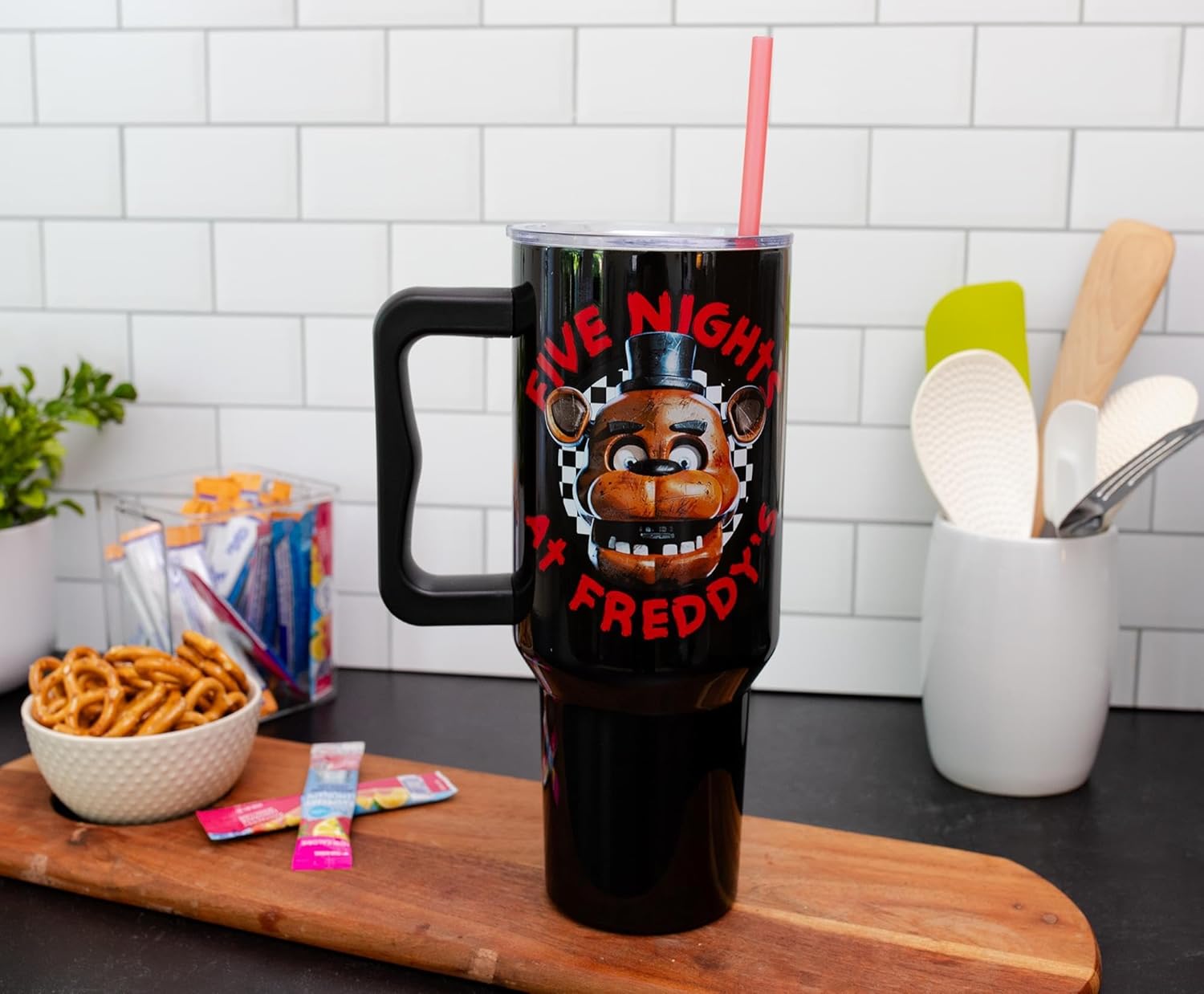 Five Nights At Freddy's Freddy Checkerboard Stainless Steel Travel Tumbler With Leak-Resistant Lid and Reusable Straw | Holds 40 Ounces