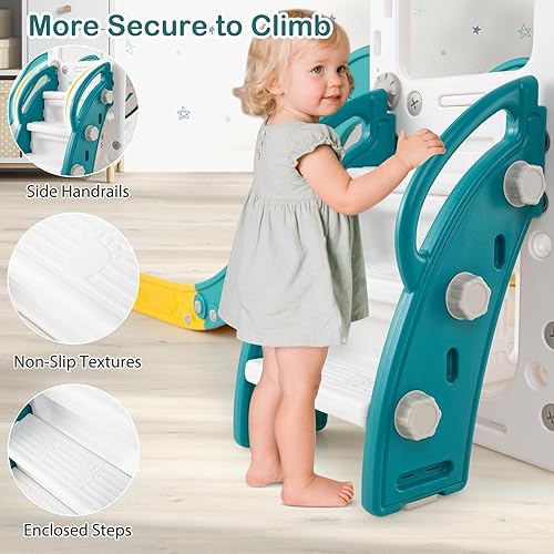 Miniatura 4 de Costzon Juego de columpio y tobogán 10 en 1 para niños pequeños, juego de tobogán y escalador con pasillo, ventana Peek-a-Boo y espacio de