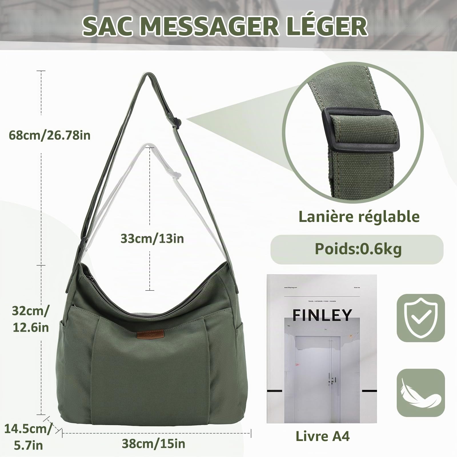 Sac Bandoulière Homme Femme, Multi-poches Léger Sac à Main Femme Bandoulière en Toile 14 Pouces Sac Besace Sacoche Cartable avec Poches latérales pour Travail École Voyage
