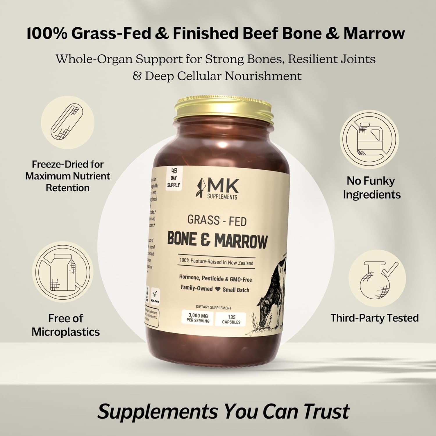 MK Supplements Grass-Fed Beef Bone & Marrow Supplement, Supports Healthy Joints, Bones, Teeth, Immune Support, Freeze-Dried, Non-GMO, 45 Servings (3,000 mg Each) - Image 3