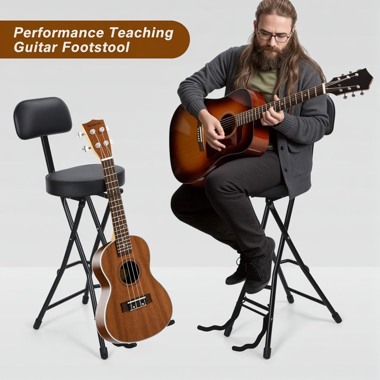 Guitar Seat with Padded Cushion Guitar Stool with Padded Cushion, Heavy-Duty Ergonomic Backrest, Folding Chair with Guitars Stand, Adult Portable Folding Stool Black