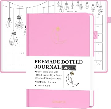 Premade Bullet Style Notebook with Hand-Drawn Pages, Dotted Journal with Unique Pre-Made Bullet Templates, Undated Planner with Weekly Spreads & Monthly Themes, 12 Months, A5 Linen Hardcover