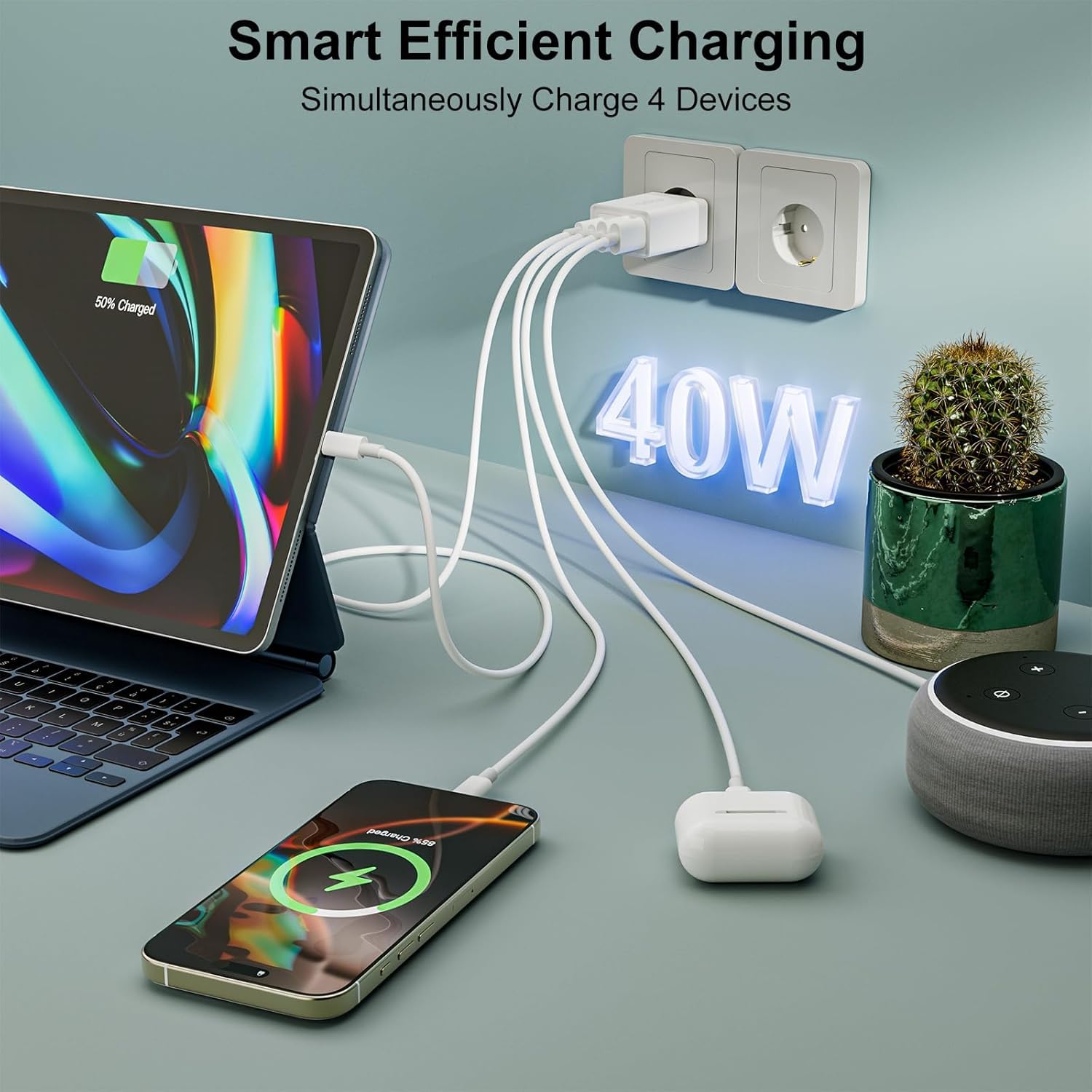 EU travel adapter charger, fast charging 1 USB C and 3 USB A European plugs, European wall adapter with 3 USBA port and 1 Type C ports, Compatible with fast charging of iPhone/Samsung and others — view 3