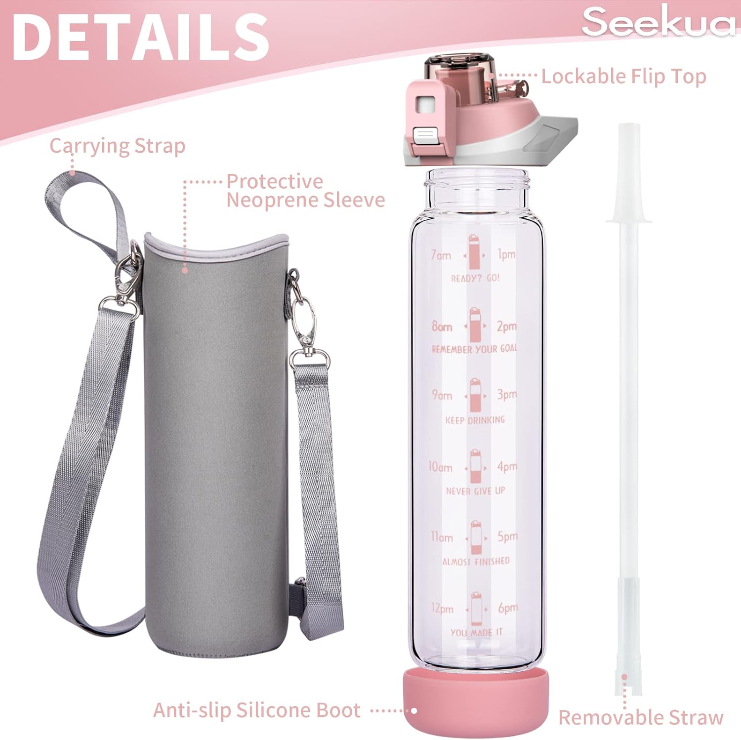 32 oz Sports Glass Water Bottle with Straw and Time Marker, Large Resuable Motivational Glass Drinking Bottle for Infused Water, Fruit, Smoothie, Coffee