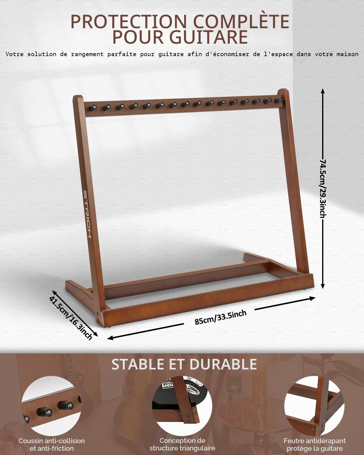 STRICH Support de guitare en bois pour 5 guitares acoustiques ou 8 guitares électriques et basses, support de sol pour plusieurs guitares pour studio et maison