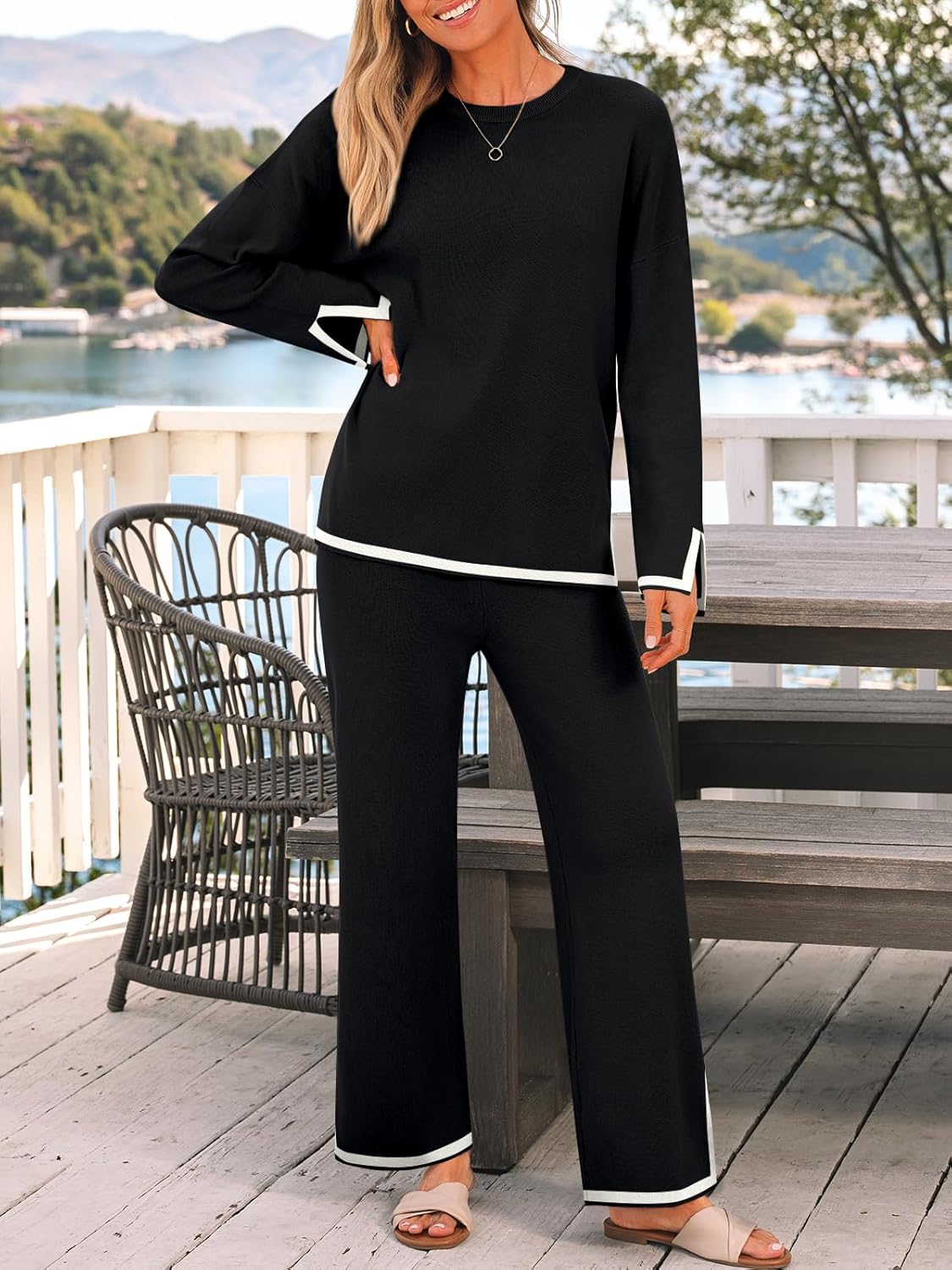 LILLUSORY Women Fall 2 Piece Lounge Set Outfits Sweatsuits Long Sleeve Sweater Tops Wide Leg Pants - Image 2