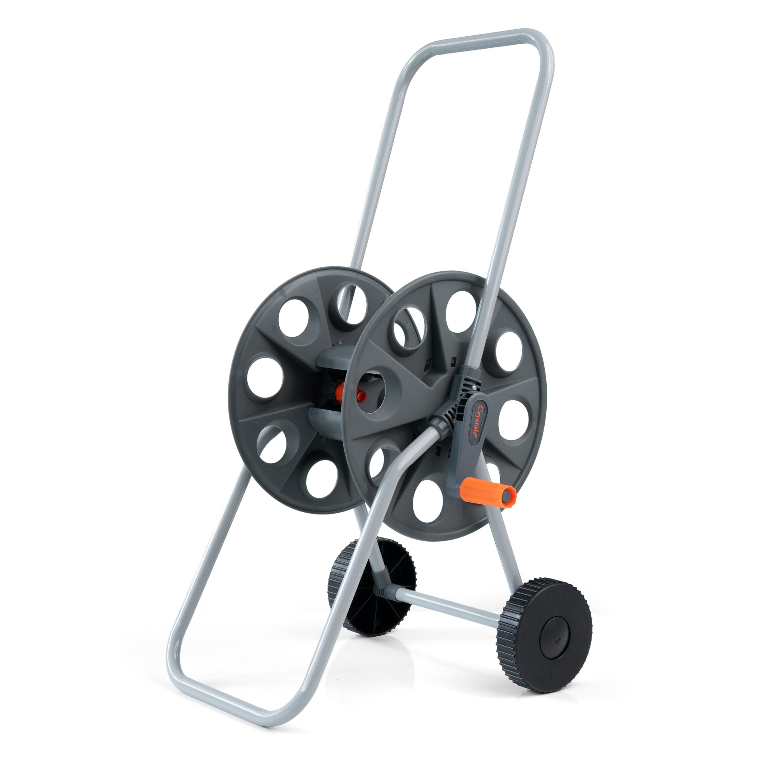 Crystals 60M Garden Hose Reel Cart with Wheels, Heavy Duty Hose Pipe Trolley, Portable Freestanding Water Hose Storage Holder with Easy Wind Handle, Grey