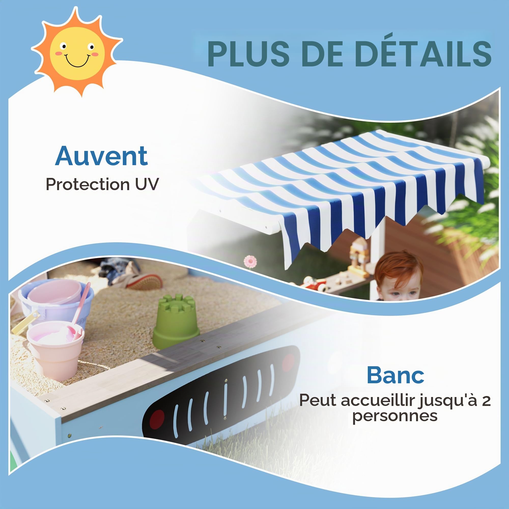 Qaba Bac à Sable en Bois avec auvent, bancs, 3-7 Ans, Bleu