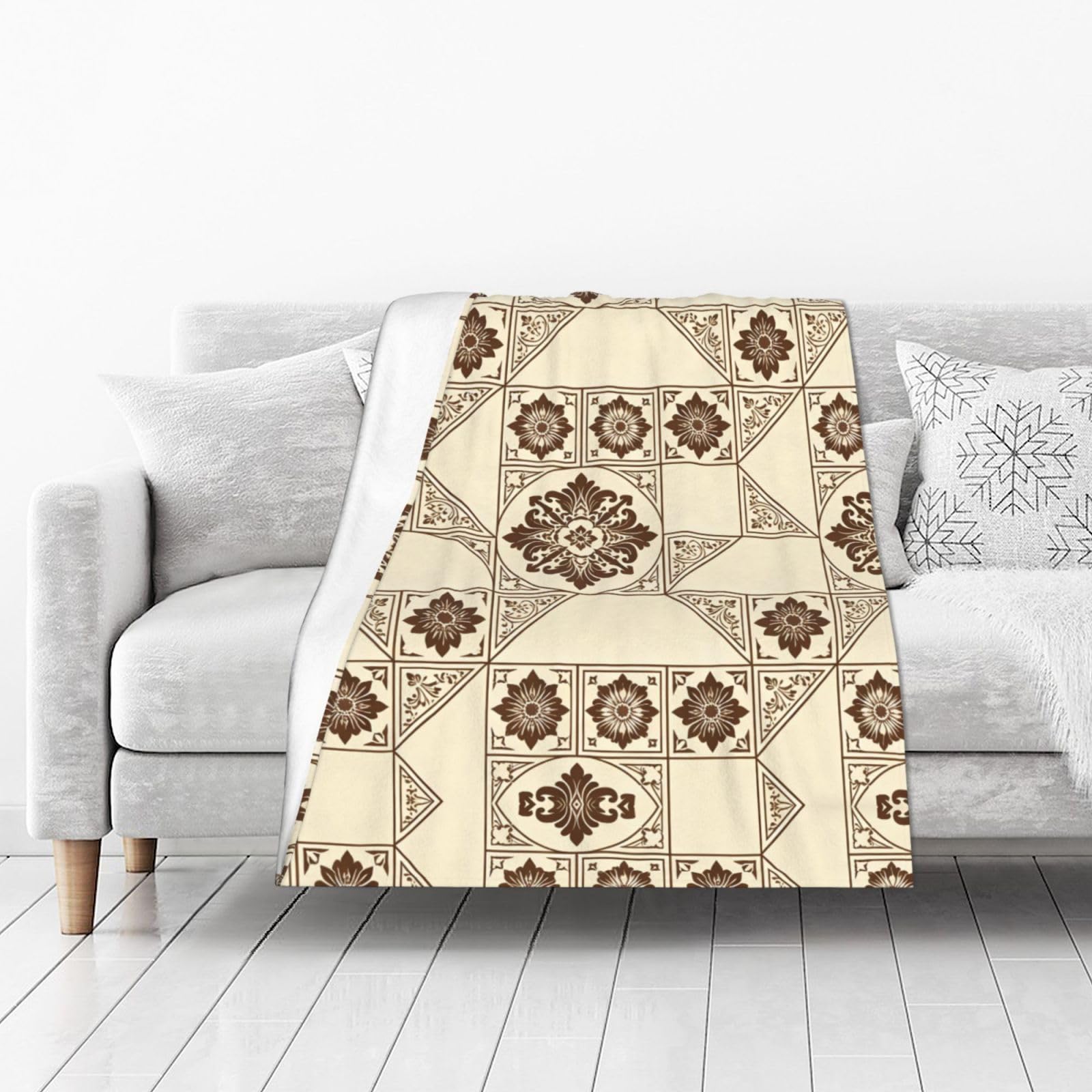 DUYIOKH Elegant Brown Floral Tile Print Thick Throw Blanket, Blanket for Couch Bed Warm Travel Blanket for Camping Movie Night