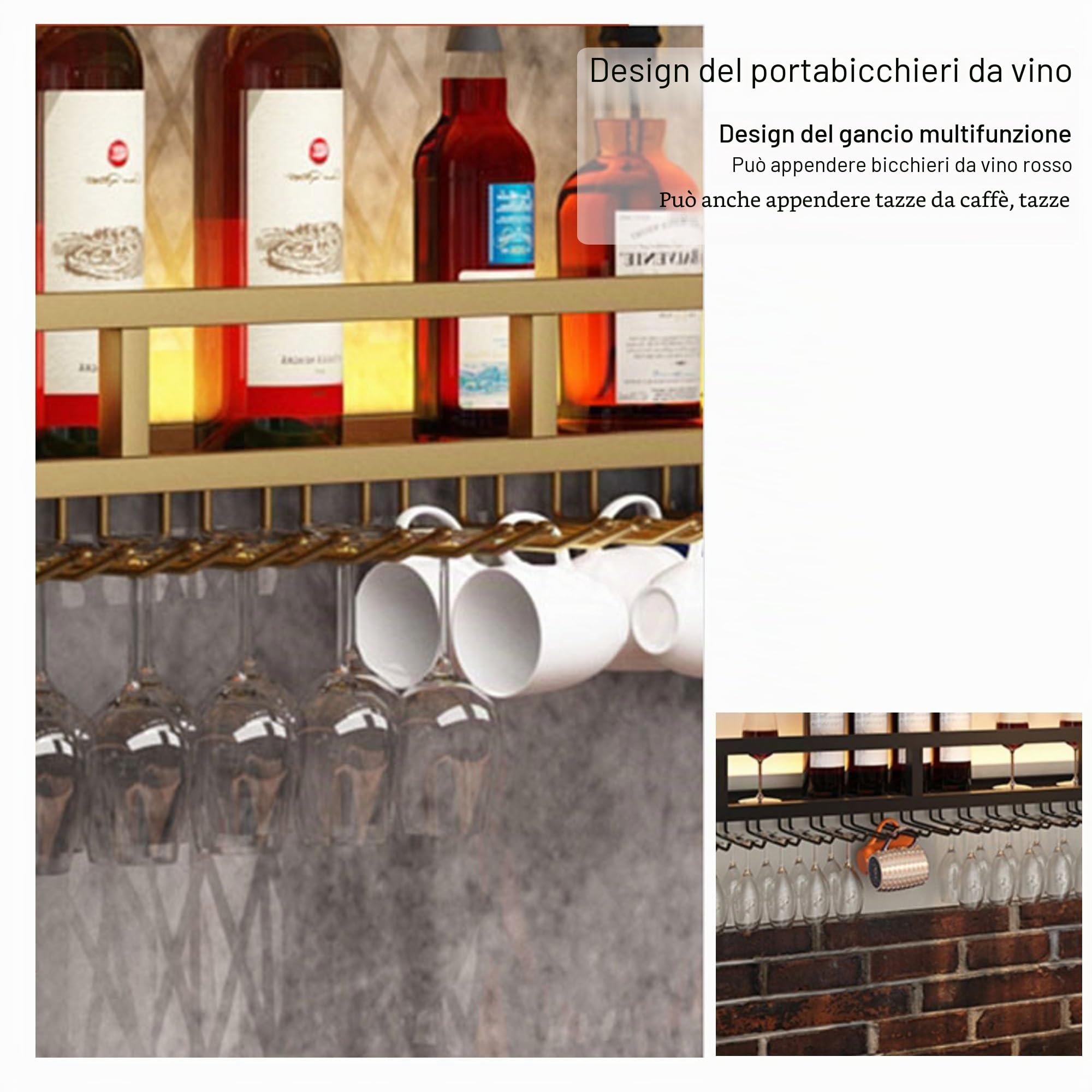 Portabottiglie con Luce Porta Bottiglie di Vino da Parete con Portabicchieri Scaffale da Parete con Porta Bicchieri Sospesi Mensole Cucina Porta Vini Angolo Bar per Casa Sala da Pranzo Bar(Black,80*25