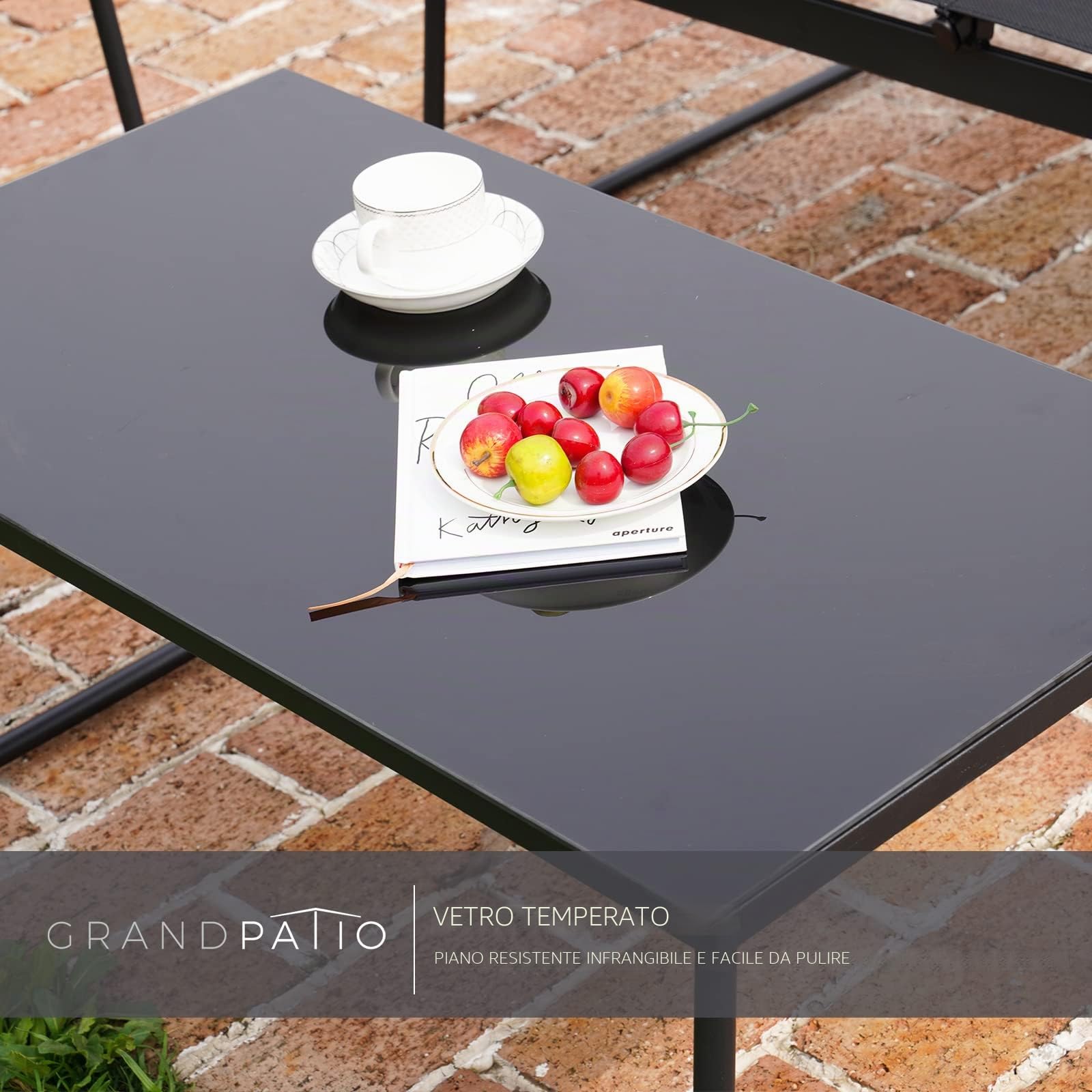 Grand patio Set di Mobili in Textilene, Arredamento Giardino Set di 4 Pezzi, con Tavolino in Vetro, 2 Sedie e Panchina, Ideale per Giardino, Cortile e Terrazzo (Marrone scuro)