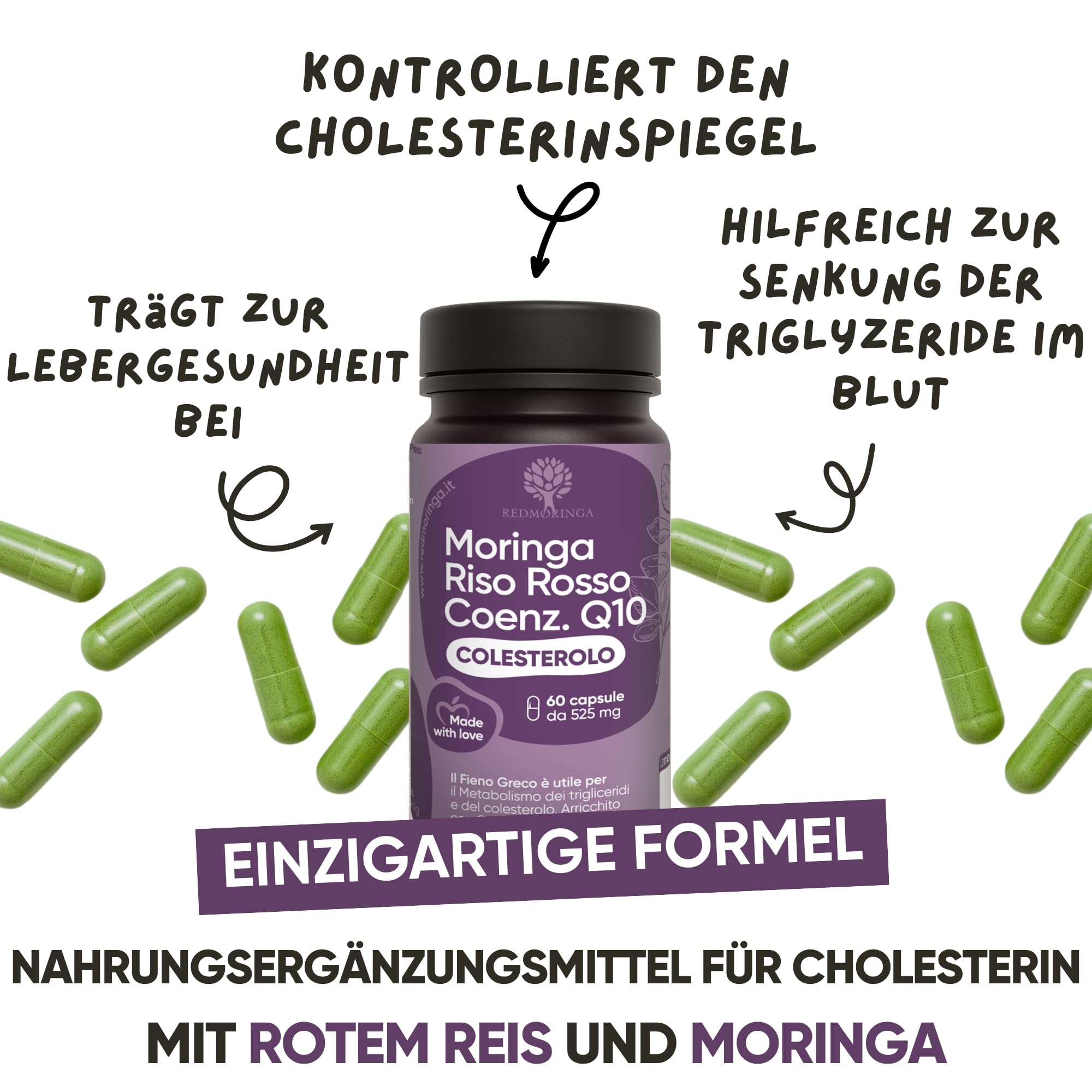 Cholesterin Senken Kapseln Komplex 5in1 - Roter Reis, Coenzym q10, Bockshornklee, Monacolin K & Bio Moringa - Für Gesunden Cholesterin & Triglyceride Spiegel - 60 Kapseln